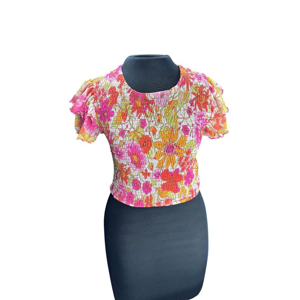 Forever 21 Floral Smocked Crop Top With Ruffle Sleeves Multicolor XL